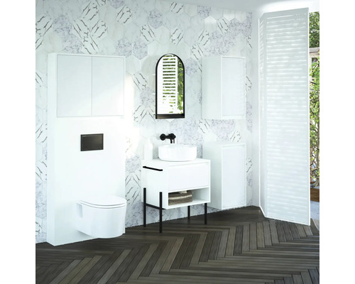 Salle de bain moderne avec céramique blanche, meuble sous-lavabo et miroir