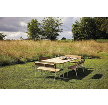 Scène de jardin avec table à manger et bancs sur une pelouse.
