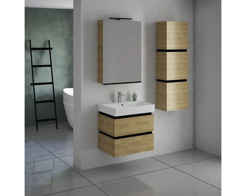 Salle de bains avec meuble sous-vasque, armoire de toilette, armoire haute et échelle de baignoire