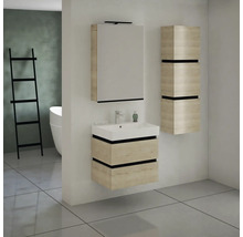 Salle de bain avec meuble sous-vasque, armoire de toilette et armoire haute au design moderne