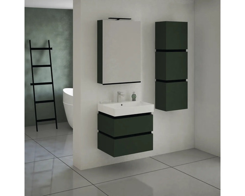 Salle de bains moderne avec meuble-lavabo, armoire de toilette et étagère