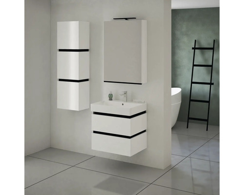 Salle de bains avec meuble sous-lavabo, armoire de toilette et armoire haute