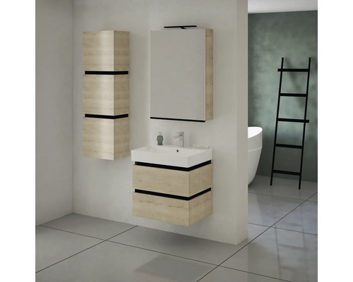 Salle de bain avec meuble-lavabo, armoire de toilette et armoire haute