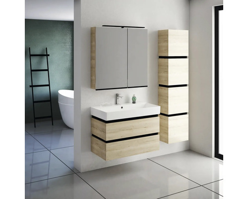 Salle de bains moderne avec meuble sous-lavabo, armoire de toilette et armoire haute aspect bois