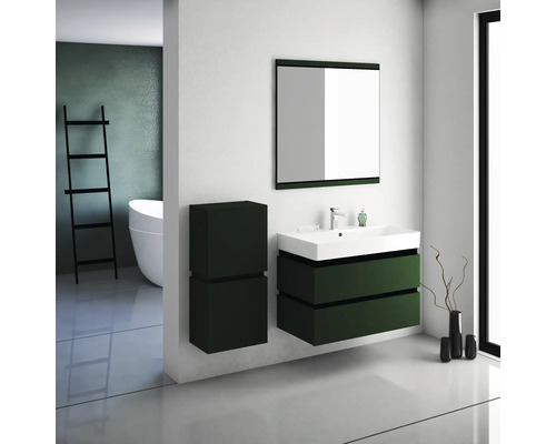 Salle de bains moderne avec lavabo, meuble sous-lavabo, armoire de toilette et armoire haute