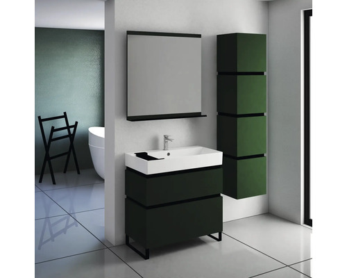 Salle de bains moderne avec meuble sous-lavabo, miroir, armoire de toilette et baignoire