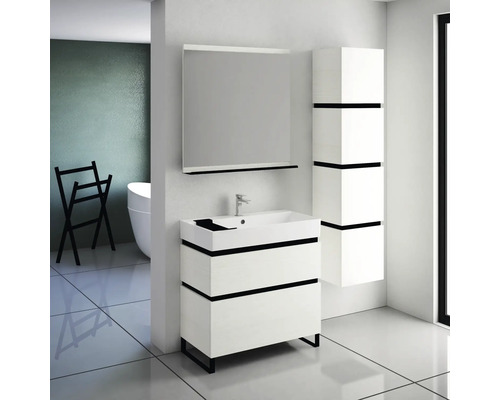 Salle de bain avec meuble sous-lavabo, miroir et armoire haute pour une ambiance lumineuse
