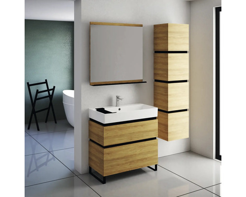 Salle de bains moderne avec meuble sous-lavabo, miroir et armoire haute aspect bois
