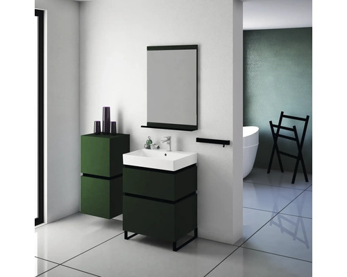 Salle de bains moderne avec lavabo, miroir et espace de rangement