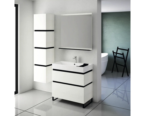 Salle de bain avec meuble sous-lavabo, armoire de toilette et armoire haute