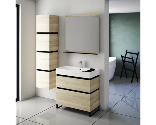 Salle de bain avec meuble sous-lavabo, armoire de toilette et armoire haute au design moderne