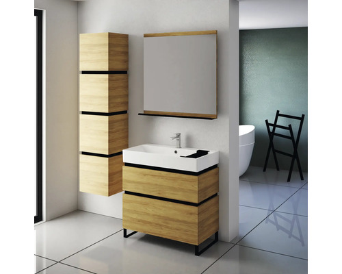 Salle de bains moderne avec meuble-lavabo, armoire de toilette et armoire haute aspect bois