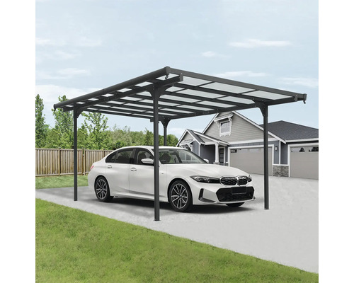 Abri de voiture autoportant en aluminium avec une voiture garée en dessous.