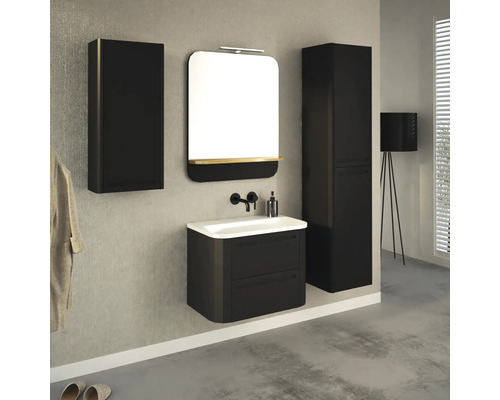 Ensemble de salle de bains moderne avec meuble sous-lavabo, armoire de toilette et armoire haute en finition foncée.