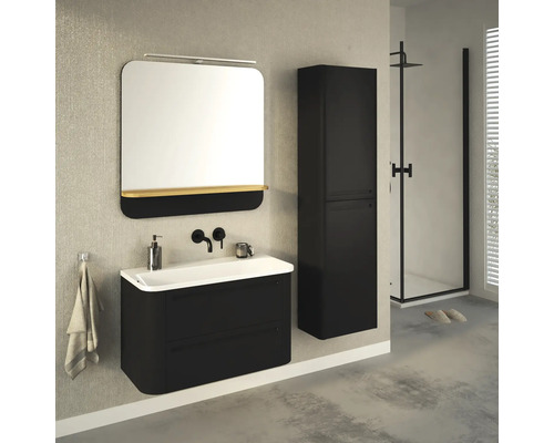 Salle de bains avec meuble sous-lavabo, miroir, armoire de toilette et cabine de douche