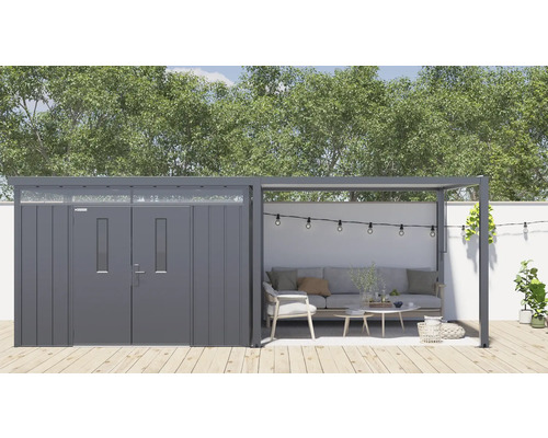 Szene mit einem Gartenhaus mit Anbau und Sitzgelegenheit im Freien.