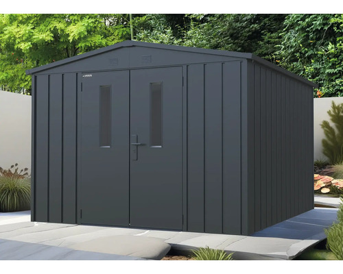 Metall Gerätehaus mit Doppeltür und Fenstern im Garten