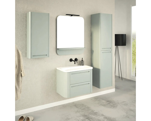 Salle de bains avec meuble-lavabo, armoire de toilette, armoire suspendue et armoire haute au design clair