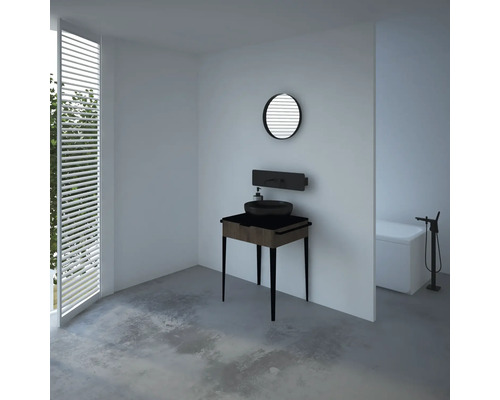 Salle de bain moderne avec meuble-lavabo, vasque à poser, miroir et baignoire