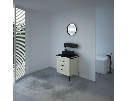 Salle de bain lumineuse avec meuble sous-lavabo, vasque à poser et miroir rond