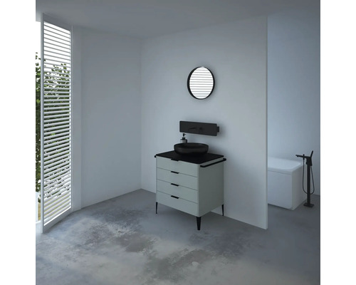 Salle de bains avec meuble-lavabo, miroir et baignoire au design moderne.