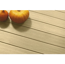 Deux citrouilles sur une terrasse en bois