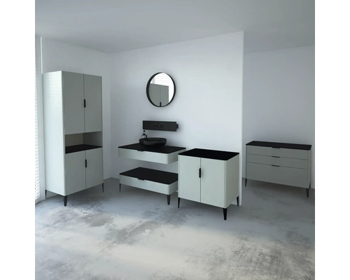 Badezimmerensemble mit Waschtisch, Spiegel, Unterschrank, Hochschrank und Kommode