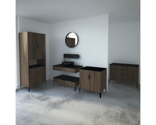 Ensemble de salle de bains avec lavabo, armoire de toilette, vasque et commode au design moderne.