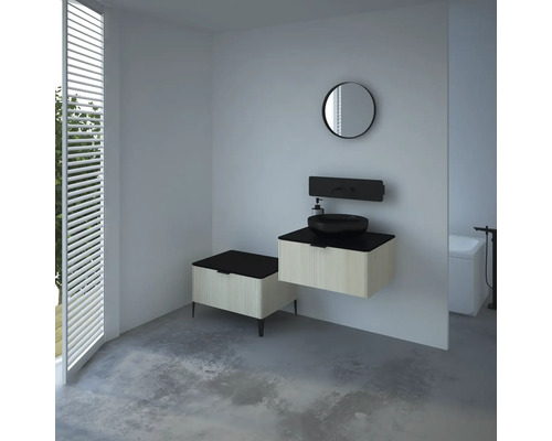 Salle de bains moderne avec meuble-lavabo, lavabo à poser et miroir rond