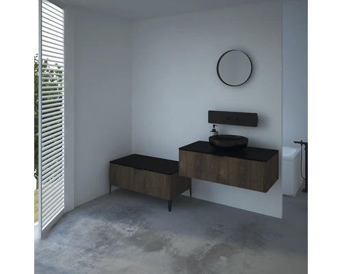 Salle de bains moderne avec meuble-lavabo, miroir et banc