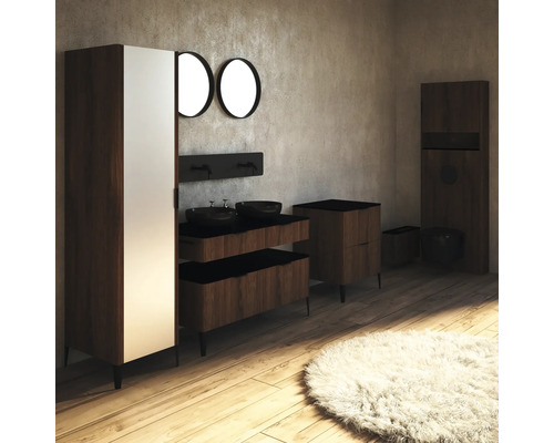 Équipement de salle de bains avec lavabo, miroirs, armoire et toilettes en décor bois foncé