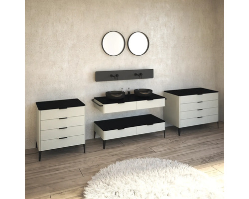 Équipement de salle de bain avec lavabos, meubles sous-lavabos, miroirs et tapis pour une salle de bain élégante.