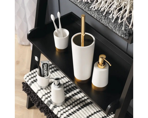 Badezimmer-Accessoires auf einem Regal: Zahnbürstenhalter, Seifenspender und WC-Bürste.