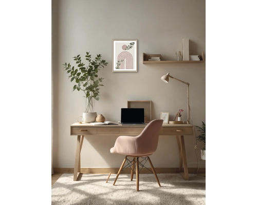 Bureau avec bureau, chaise, étagère et décoration