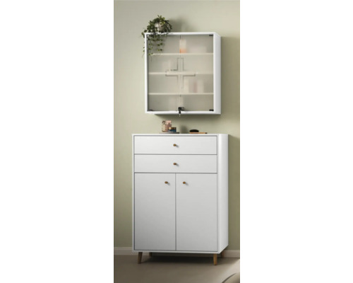 Meuble de salle de bain blanc avec tiroirs, portes et meuble suspendu avec portes en verre dépoli