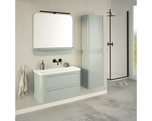 Salle de bains avec meuble sous-vasque, armoire de toilette, armoire haute et douche