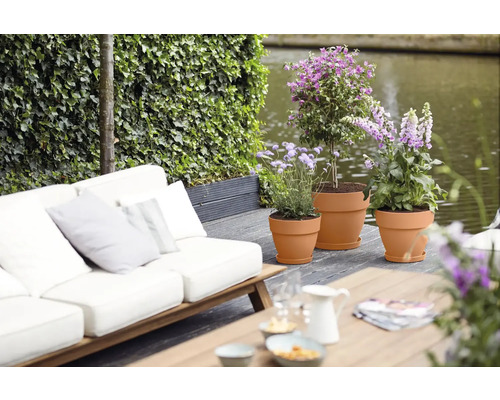 Terrasse avec pots de fleurs, canapé et table dans un aménagement de jardin