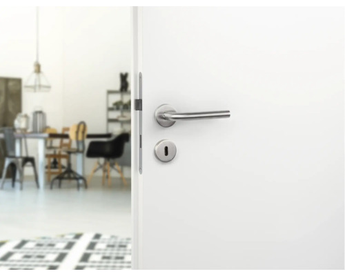 Geöffnete Tür mit Metalltürgriff und Blick in einen Wohnraum