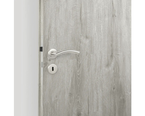 Graue Holztür mit silberner Türklinke