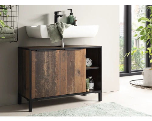 Meuble sous-lavabo avec lavabo, robinet et étagères de rangement dans la salle de bain