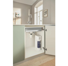 Küchenszene mit Spüle und einem Grohe Blue Wassersystem im Unterschrank.