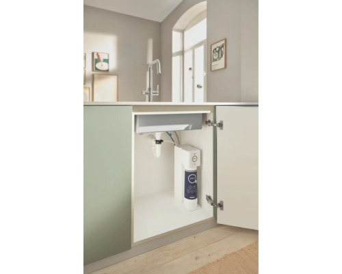 Scène de cuisine avec évier et système d''eau Grohe Blue dans le meuble bas.
