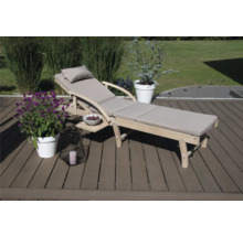 Chaise longue en bois avec coussin, table d''appoint et décoration dans le jardin