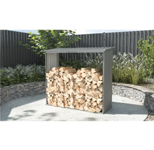 Abri à bois en métal dans le jardin avec bois de chauffage empilé