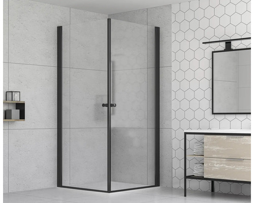 Eckdusche mit schwarzem Rahmen im Badezimmer