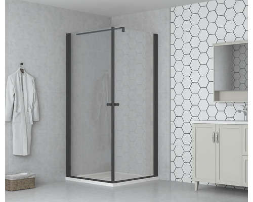 Begehbare Duschkabine mit Drehflügeltür und Waschbecken in Badezimmer