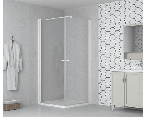 Cabine de douche d''angle avec parois en verre transparent dans une salle de bain