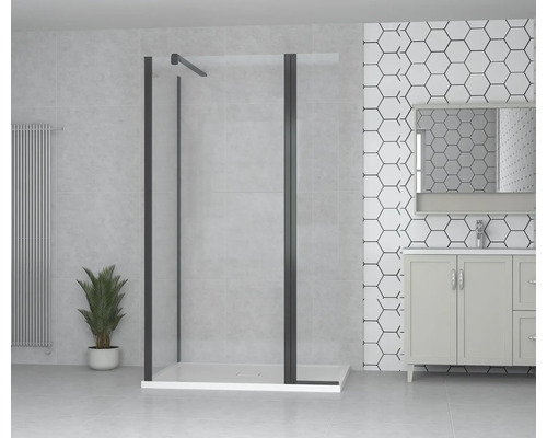 Salle de bain avec cabine de douche, meuble sous-lavabo et radiateur