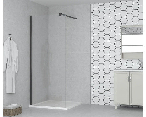 Salle de bain avec cabine de douche, meuble sous-lavabo et miroir