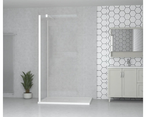 Salle de bains avec paroi de douche, meuble sous-lavabo et miroir